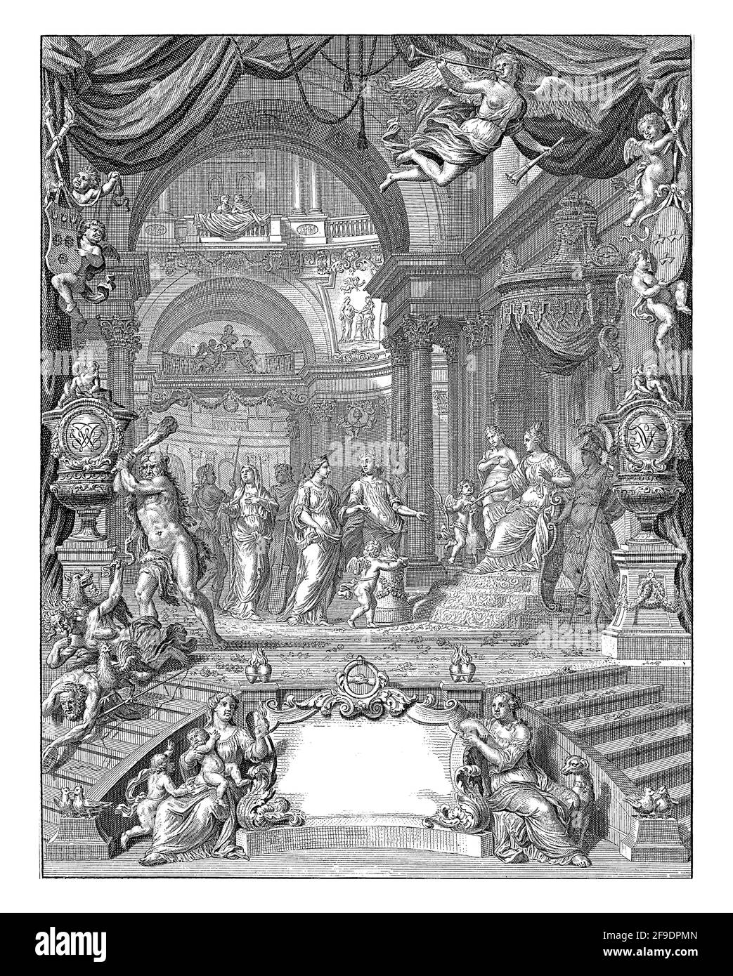 Das Ehepaar steht vor einer Landung mit Venus, Amor, Juno und Minerva. Herkules jagt die wütenden Gäste weg. Stockfoto