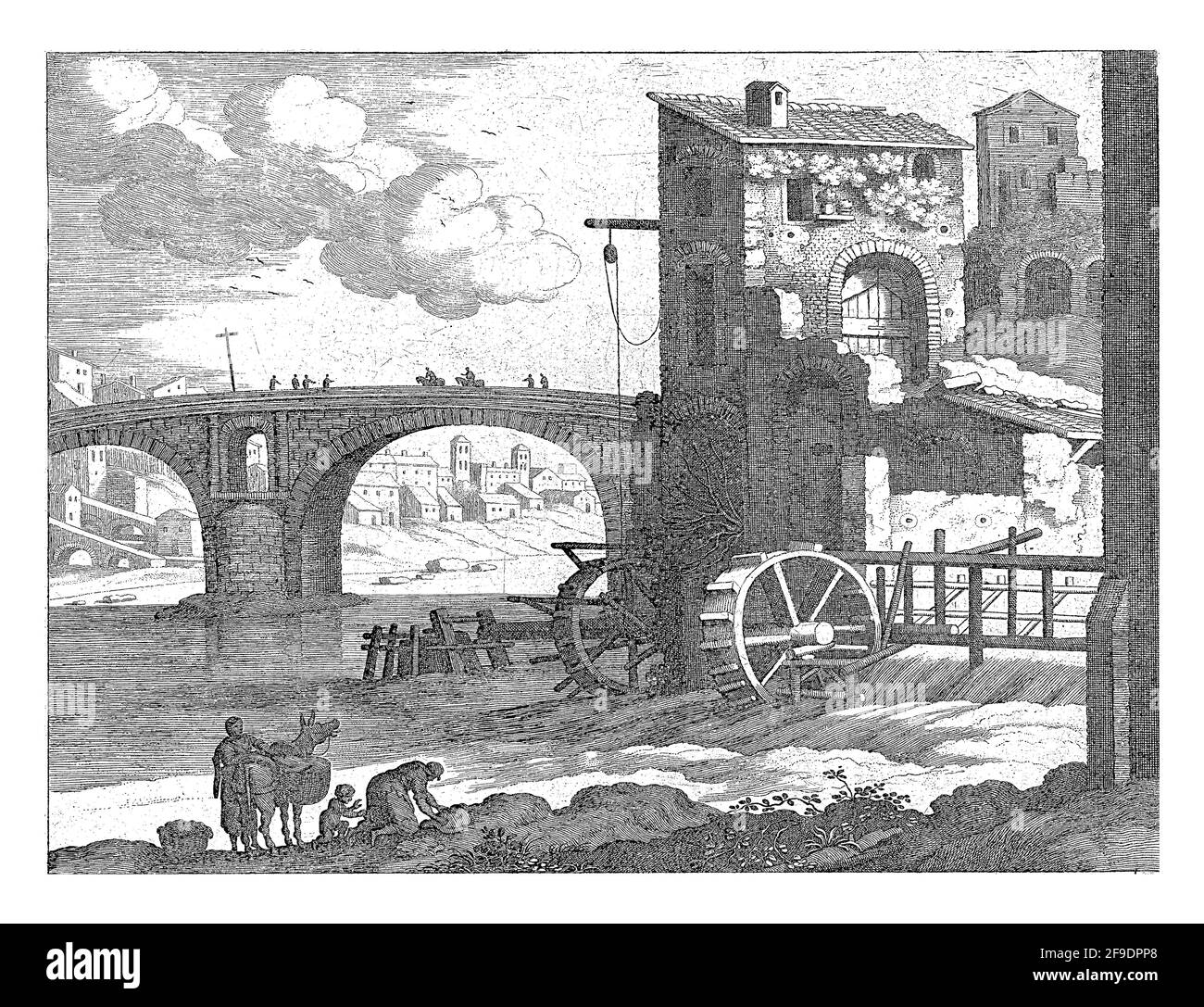 Eine Steinbrücke über einen Fluss und eine Wassermühle auf der rechten Seite. Im Vordergrund steht eine Frau bei einem gepackten Esel. Daneben eine Frau, die die tut Stockfoto