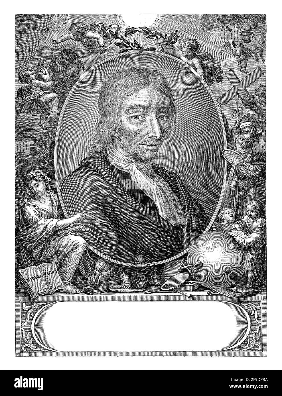 Porträt des Grafikers, Malers und Dichters Jan Luyken. Über dem Oval mit dem Porträt hält ein Putto einen Lorbeerkranz. Andere Putti tragen ein Kreuz, c Stockfoto
