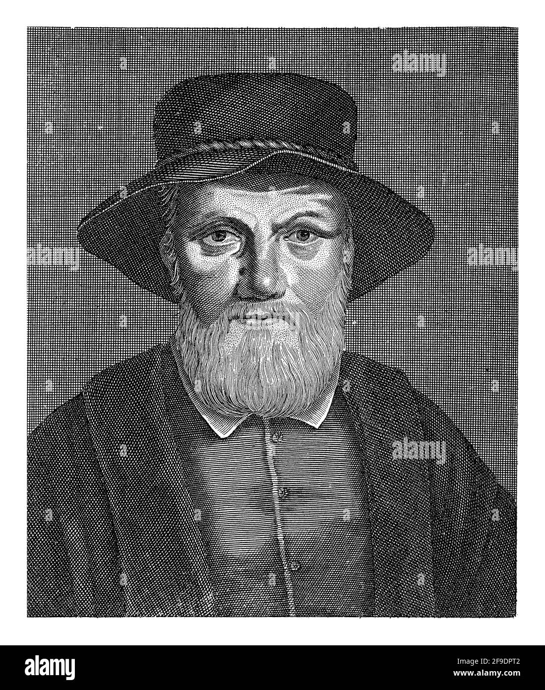 Porträtbüste von der Vorderseite des Humanisten und Künstlers Dirck Volckertsz. Coornhert, mit Hut. Unter dem Porträt ist der Name der porträtierten Person, fol Stockfoto