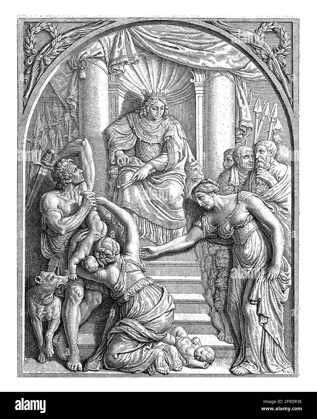 Entlastung mit dem Urteil Salomos im Vierschaar des Rathauses am Dam-Platz in Amsterdam. König Salomo, von seinem Thron aus, zeigt mit seinem Staf Stockfoto