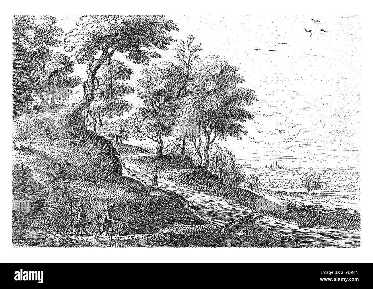 Landschaft mit zwei Jägern und ihrem Hund. Stockfoto