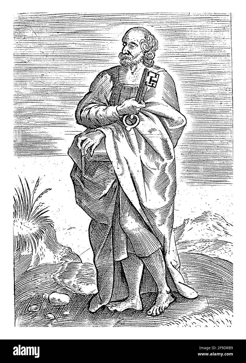 Landschaft mit dem Apostel Petrus. Er hält ein Buch in der einen Hand, den Schlüssel in der anderen. Stockfoto