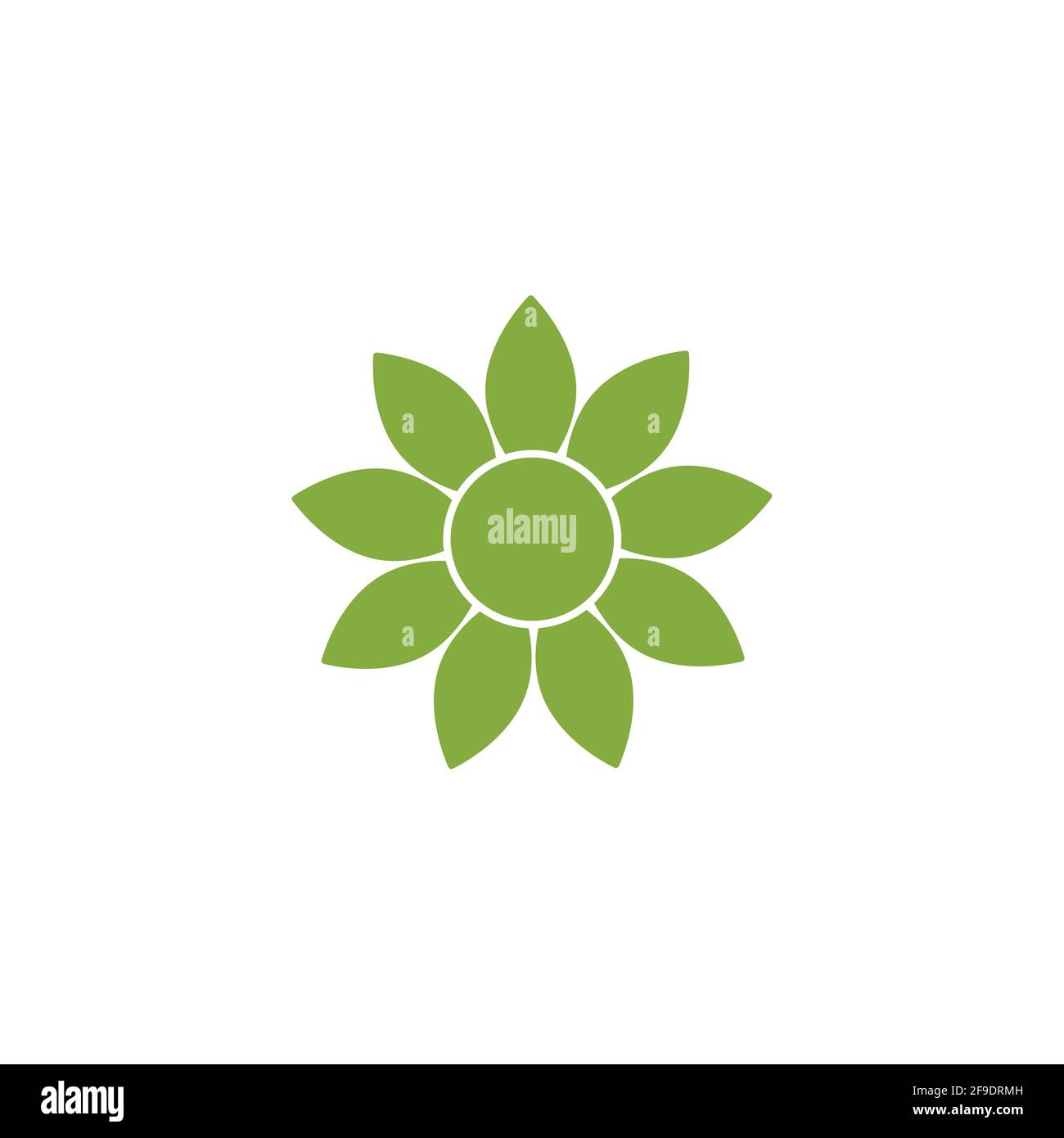 Grüne flache Ikone der Sonnenblume mit 9 scharfen Blütenblättern. Isoliert auf Weiß. Vektor einfache Illustration. Umweltfreundlicher Style. Natur Blume Symbol. Stock Vektor