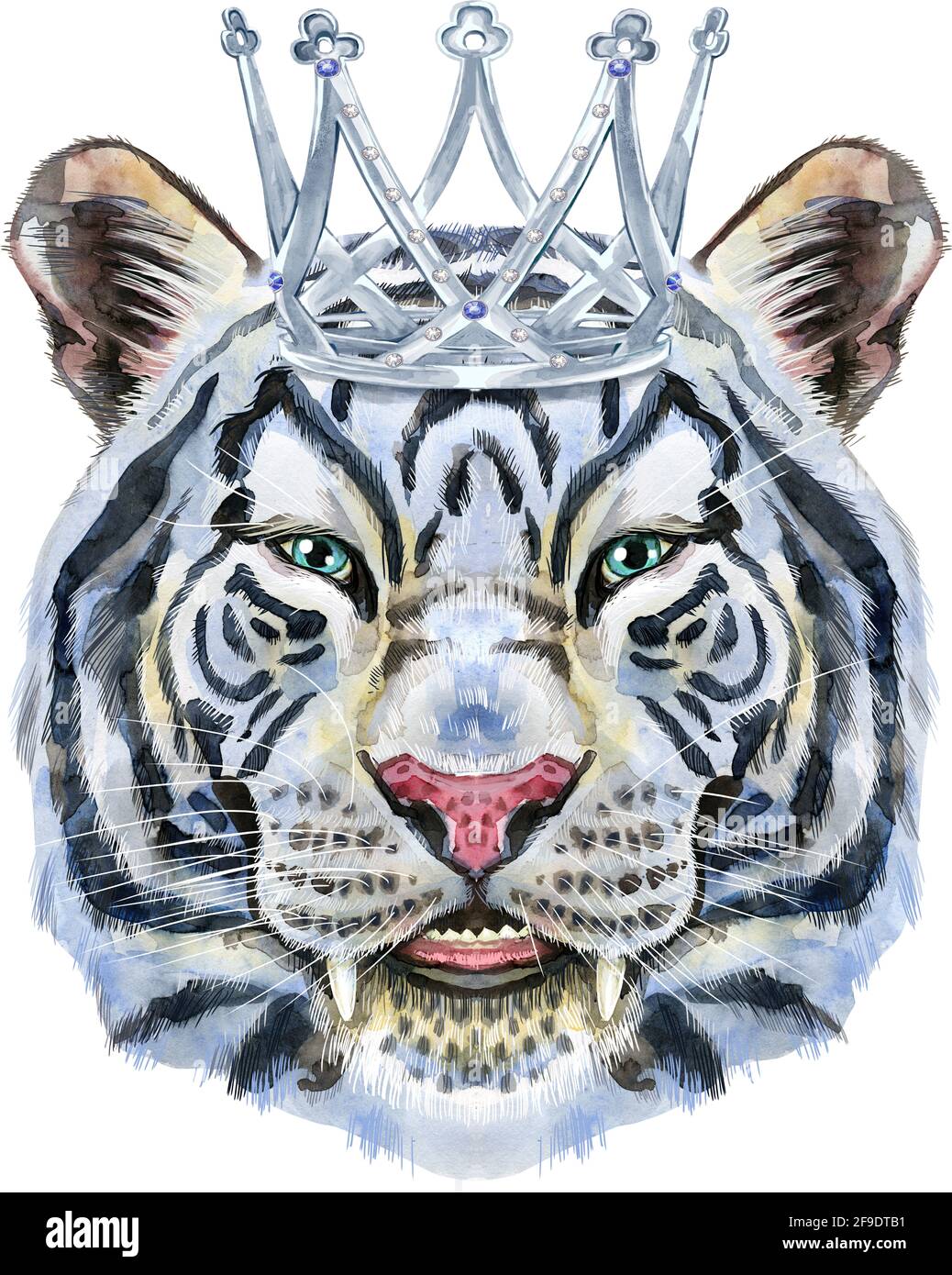 Aquarell-Illustration eines weißen lächelnden Tigers mit silberner Krone. Stockfoto