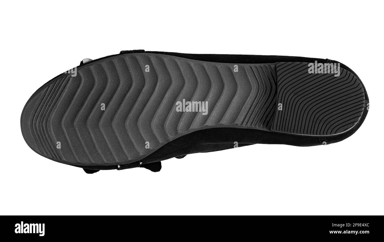 Die Sohle eines Wildlederschuhs isoliert auf weißem Hintergrund. Datei enthält Beschneidungspfad. Stockfoto