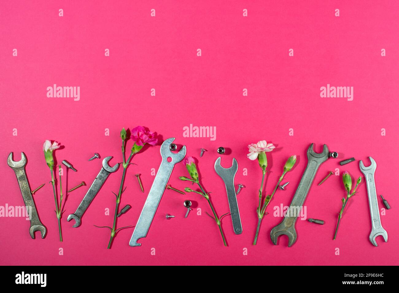 Labor Day Hintergrundkonzept, 1. Mai Konzept. Schlüssel und Nelke rosa Nelke Blume auf rosa Hintergrund. Flach liegend, Draufsicht. Stockfoto