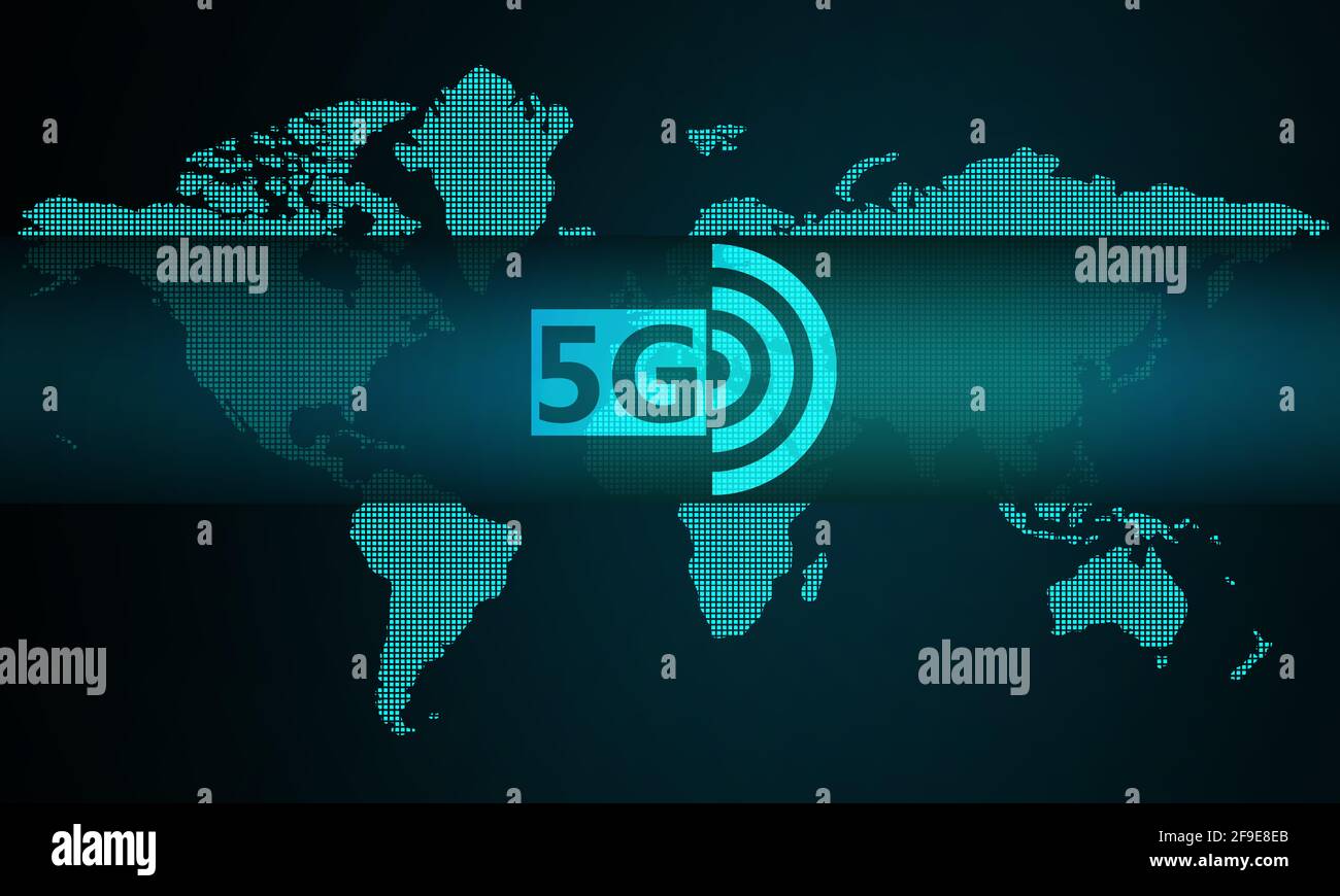 Eine Illustration eines 5G-Zeichens auf der Weltkarte Vor einem dunklen Hintergrund Stockfoto
