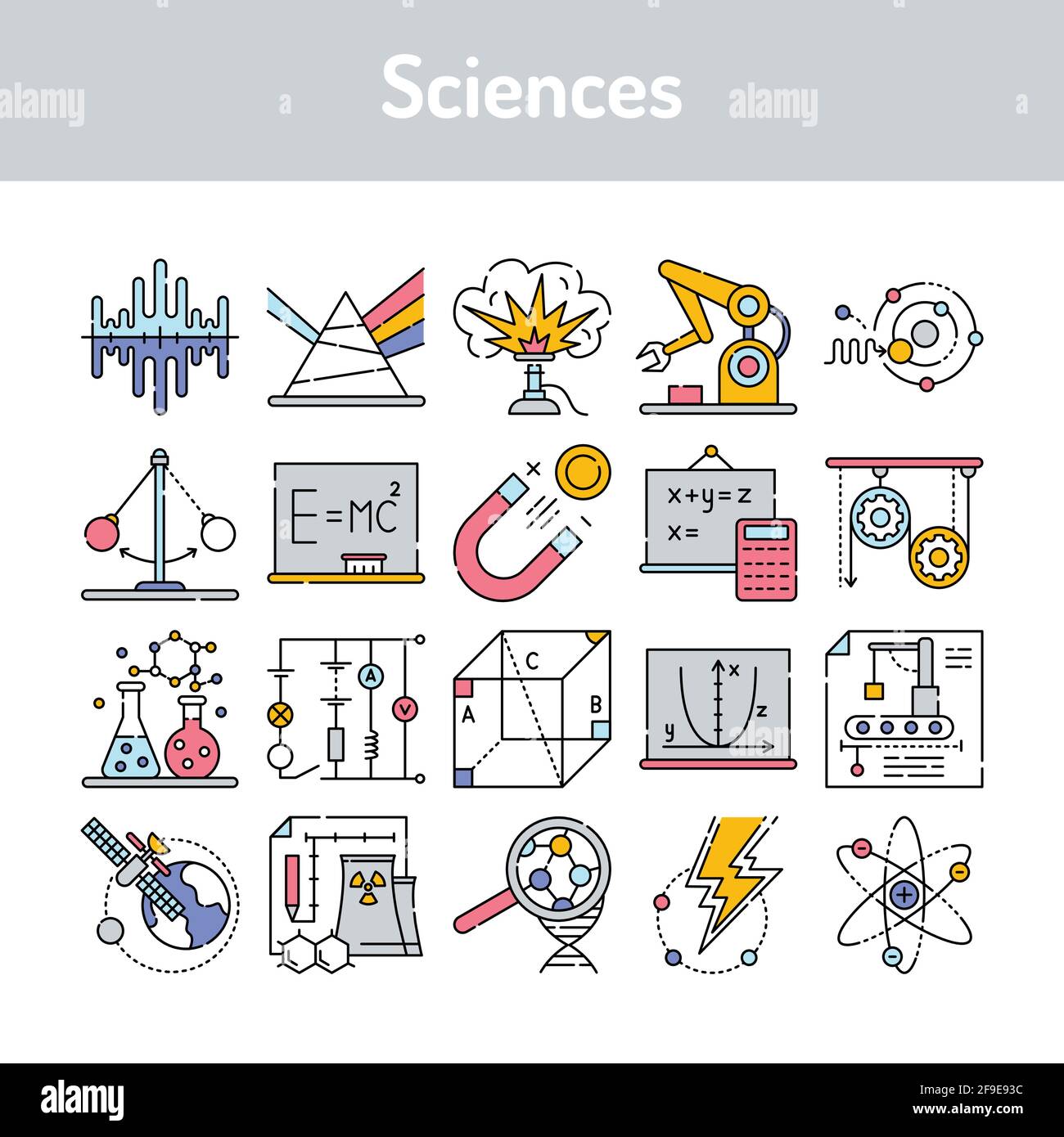 Sciences-Farbsteilensymbole eingestellt. Zeichen für Webseite, mobile App, Schaltfläche, Logo. Stock Vektor