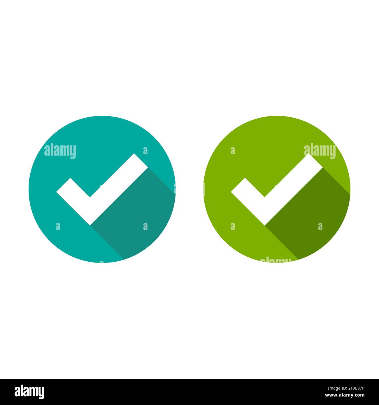 Gültige Siegelsymbole gesetzt. Blaue und grüne Kreise mit Zecke und Schatten. Sticker-Symbol „Flat OK“. Isoliert auf Weiß. Schaltfläche Akzeptieren. Gut für Web und Software i Stock Vektor
