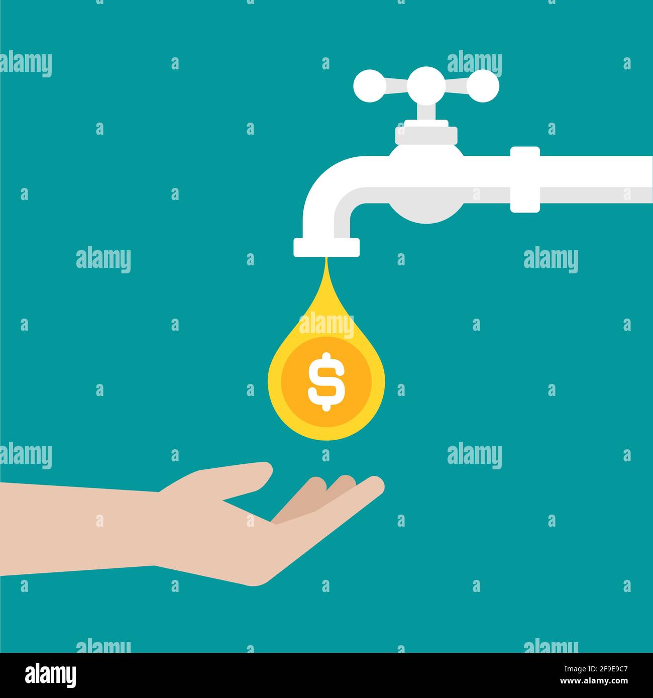 Hand mit Hahn oder Wasserhahn mit Golddollar-Münzen. Geldressource, passives Einkommenskonzept. Finanzfluss, leichte Gewinne, Investitionen. Vektorgrafik Stock Vektor