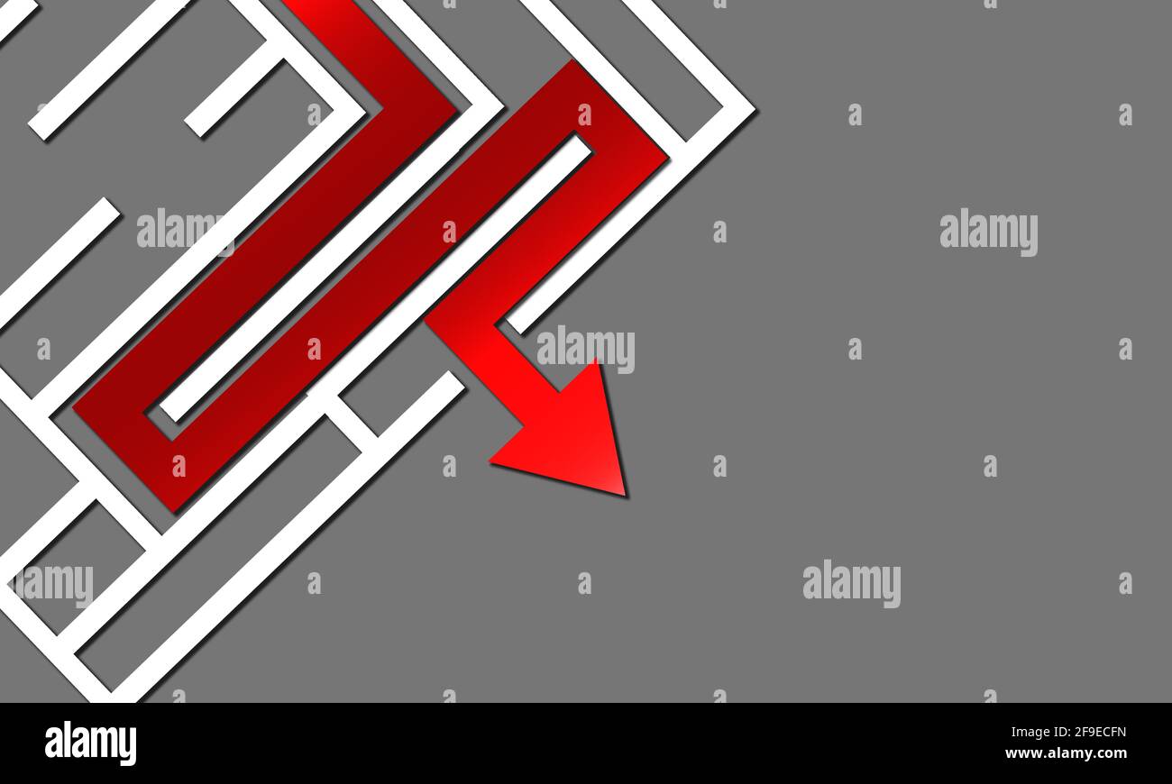 Ein Erfolgskonzept für Unternehmen mit einem Labyrinth, das von gelöst wurde Der rote Pfeil auf grauem Hintergrund Stockfoto