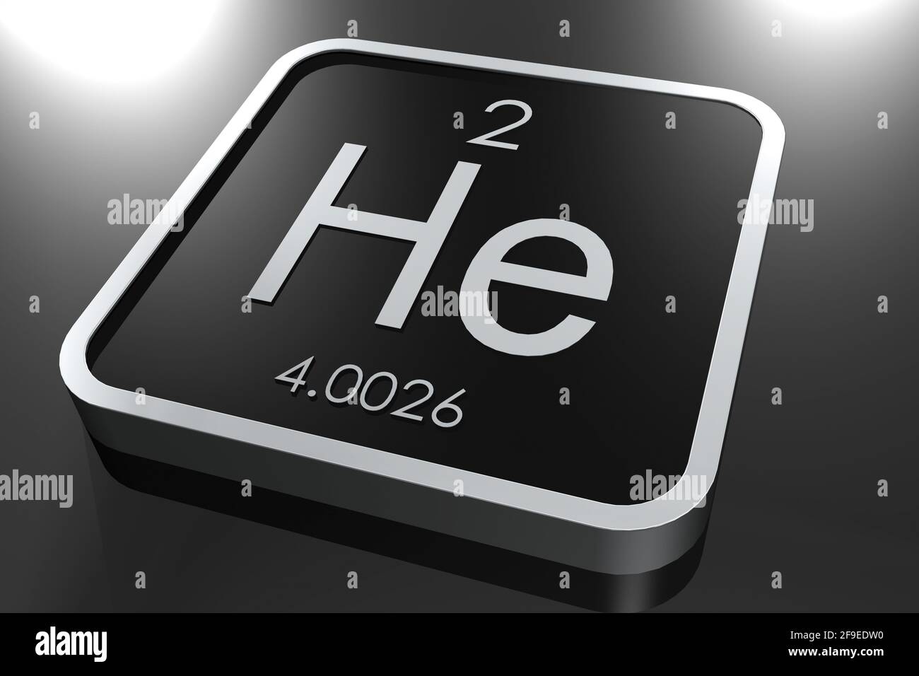 Ein 3D-Rendering des Helium-Elements aus dem Periodensystem Tisch auf einem schwarzen quadratischen Block Stockfoto