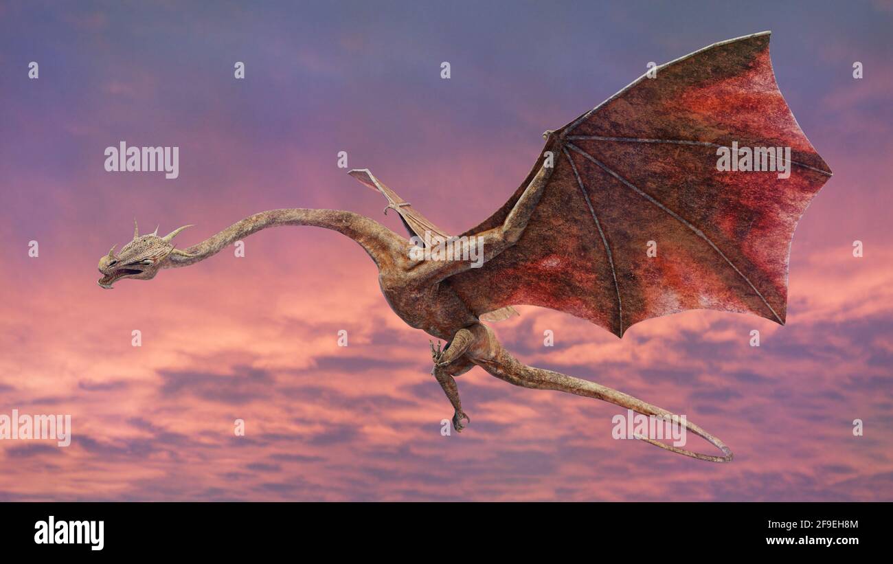 drache, riesige fliegende Kreatur am Himmel (3d Fantasy Render) Stockfoto