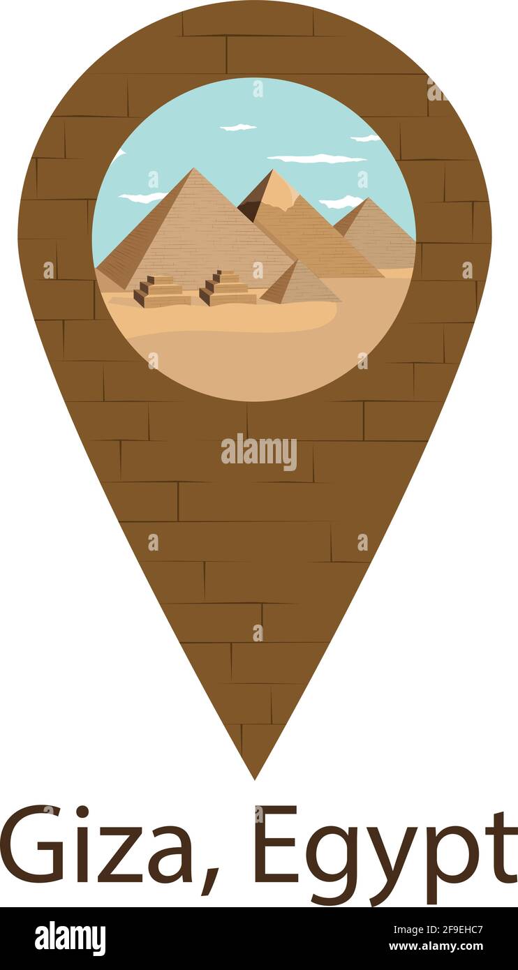 Vektordarstellung des gps-Symbols. Standortsymbol. Ägyptische Pyramiden bei Gizeh. Ector Illustration der Pyramide der Königinnen und der Pyramide, Hoferen, Cheops, M Stock Vektor