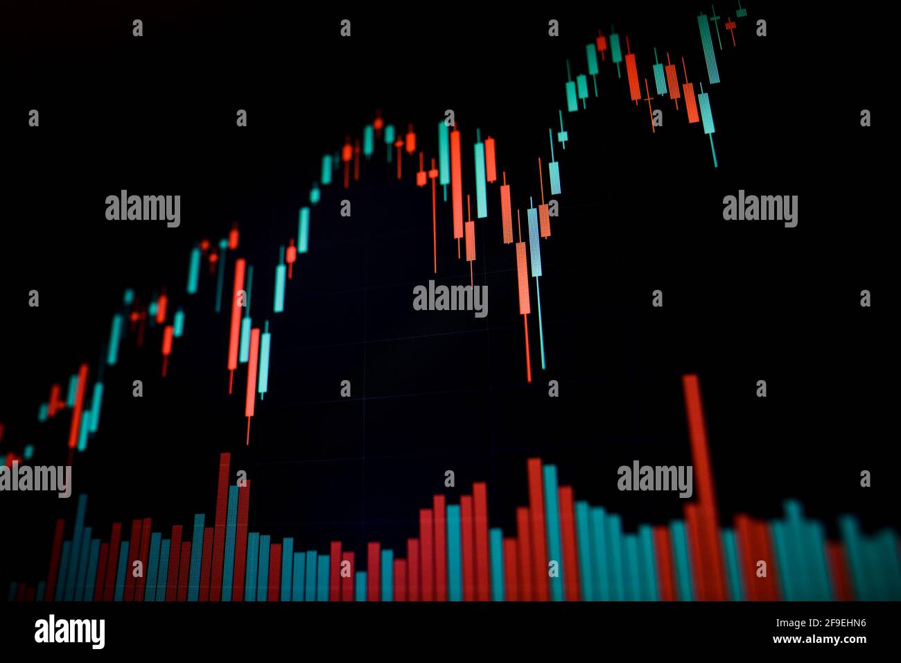 Geringe Schärfentiefe (selektiver Fokus) mit Details eines Candlestick-Diagramms auf einem Computerbildschirm. Stockfoto