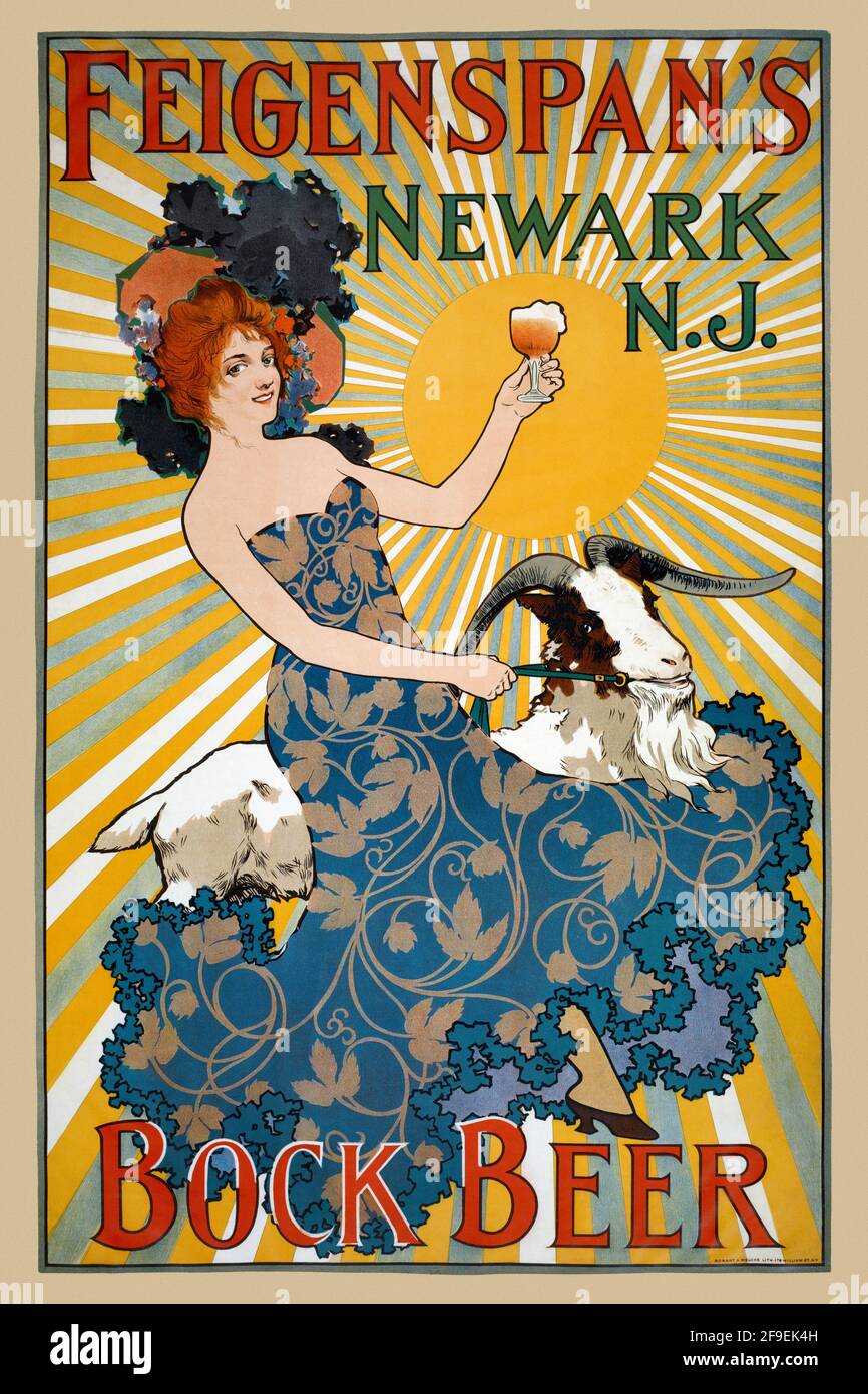 Feigenspans Bockbier. Künstler unbekannt. Restauriertes Vintage-Poster, das in den 1900er Jahren in den USA veröffentlicht wurde. Stockfoto Feigenspans Bockbier. Künstler unbekannt. Restauriertes Vintage-Poster, das in den 1900er Jahren in den USA veröffentlicht wurde. Stockfoto
