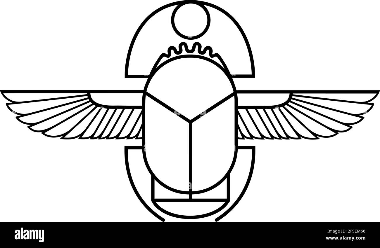 Ägyptische Scarab Outline Icon. Linear Stil Zeichen für mobile Konzept und Web-Design. Geflügelter Skarabäkäfer und Sonne einfaches Linienvektor-Symbol. Symbol, Logo Stock Vektor