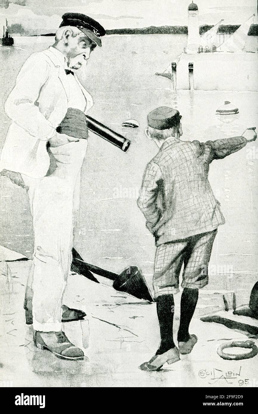 Die Bildunterschrift für diese Illustration von 1895 lautet: Little Trevor antwortete, indem er die Liste aller Hausflaggen, die an den Anlegeplätzen in Sicht waren, von einem unqualifizierten Piloten von Rudyard Kipling, der 1895 veröffentlicht wurde, abrollte. Diese Geschichte basiert auf etwas, das vor vielen Jahren im Hafen von Kalkutta geschah, bevor drahtlose Telegrafie auf Schiffen verwendet wurde, Und Männer und Jungen waren weniger leicht zu fangen, als sie einmal in einem Schiff waren. Joseph Rudyard Kipling (1865 – 1936) war ein englischer Kurzgeschichtenautor, Dichter und Romanautor. Er schrieb Geschichten und Gedichte britischer Soldaten in Indien und Geschichten für Kinder. Stockfoto