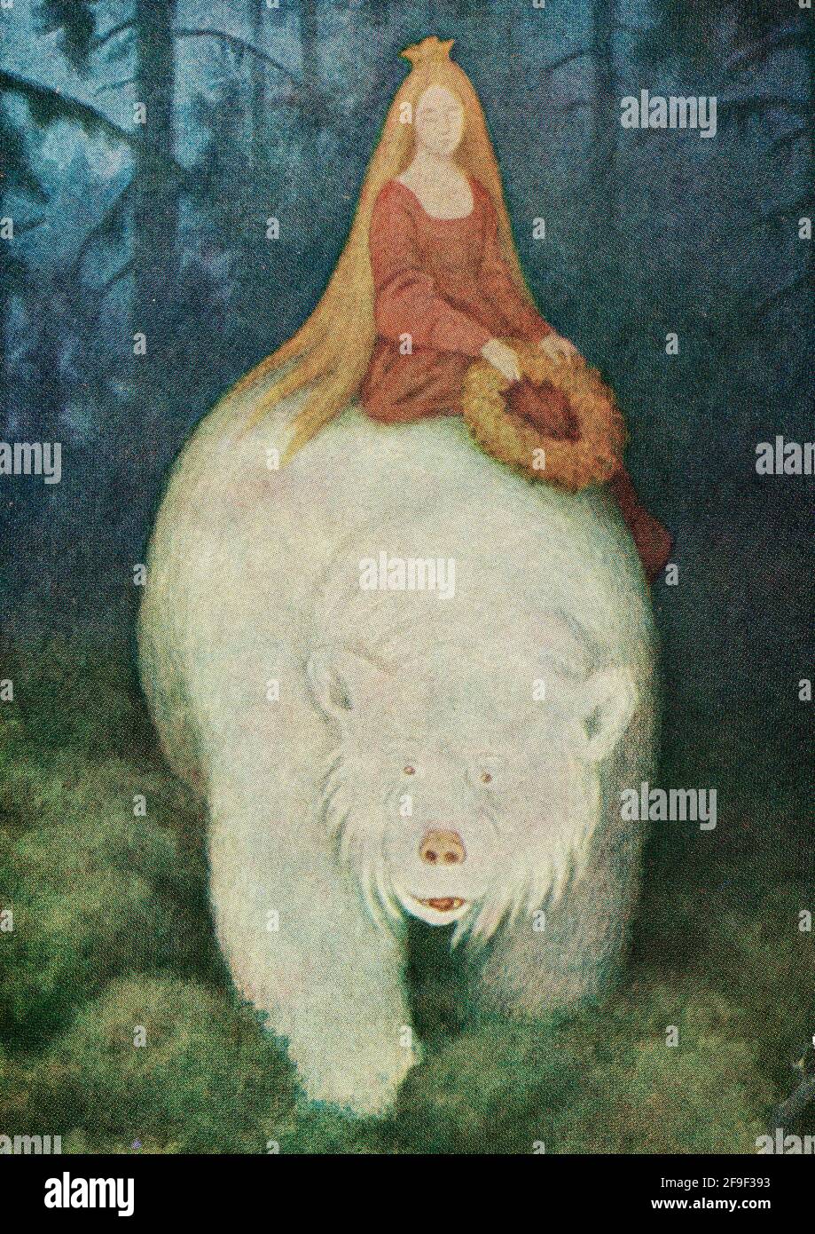 Theodor Kittelsen Kunstwerk - EINE Prinzessin reitet auf der Rückseite durch den Wald ein weißer Bär. Stockfoto