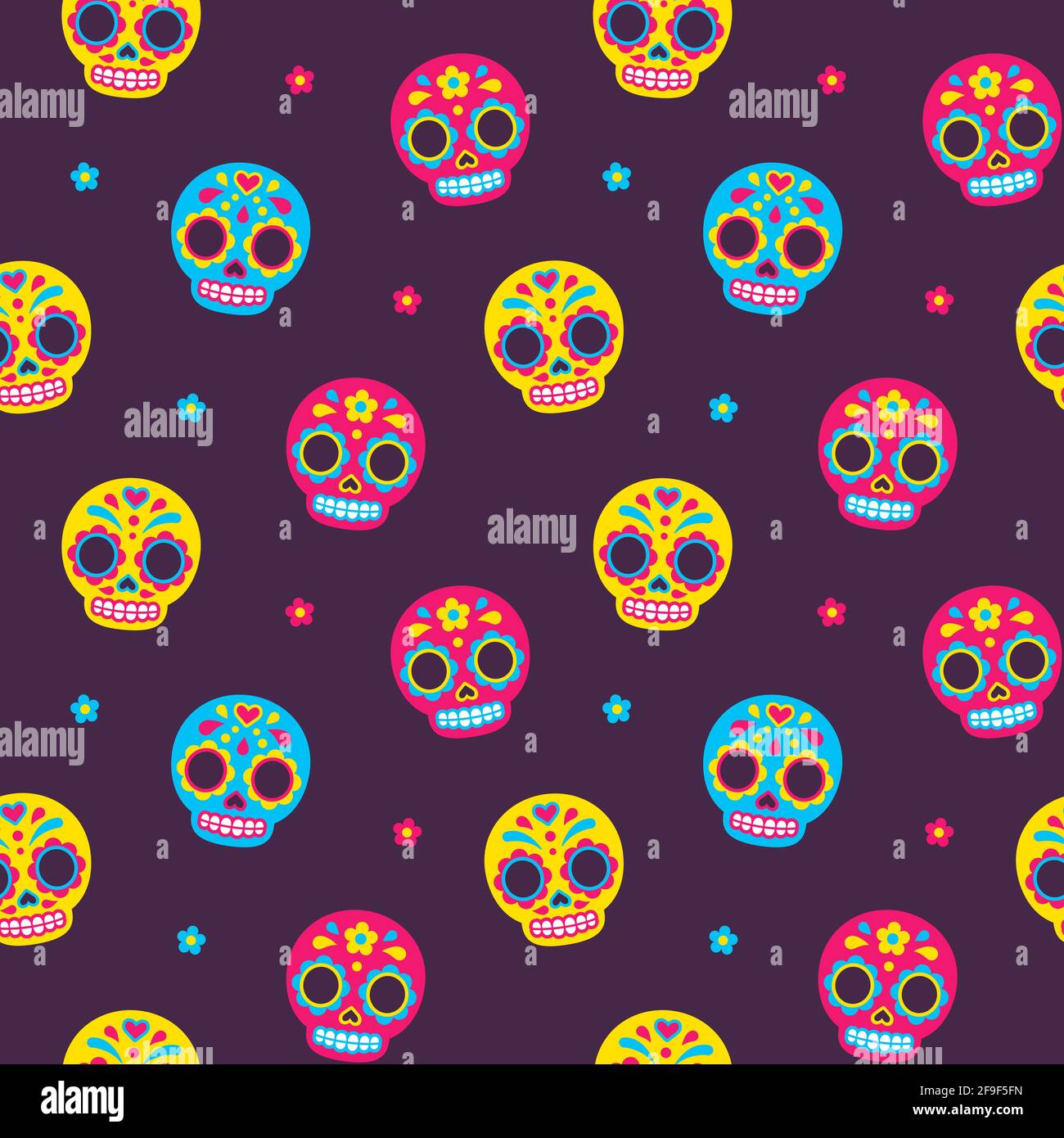 Mexican Day of the Dead Sugar skulls nahtloses Muster. Niedliche und helle Cartoon-Vektor-Hintergrund. Stock Vektor