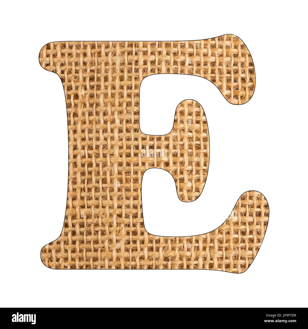 E, Buchstabe des Alphabets - Burlap Hintergrundtextur Stockfoto