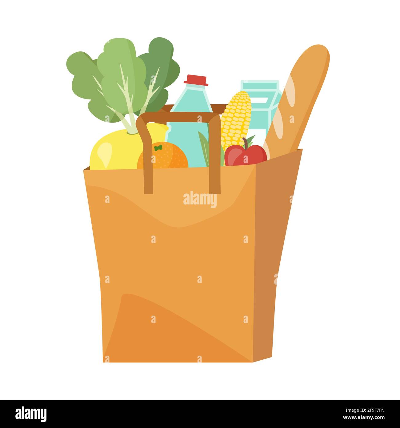 Papiertüte voll mit Wasser, Milch, Brot, Apfel, Orange, Mais. Konzept für die Lebensmittelzustellung. Editierbare Vektordarstellung auf weißem Hintergrund. Für das Internet Stock Vektor