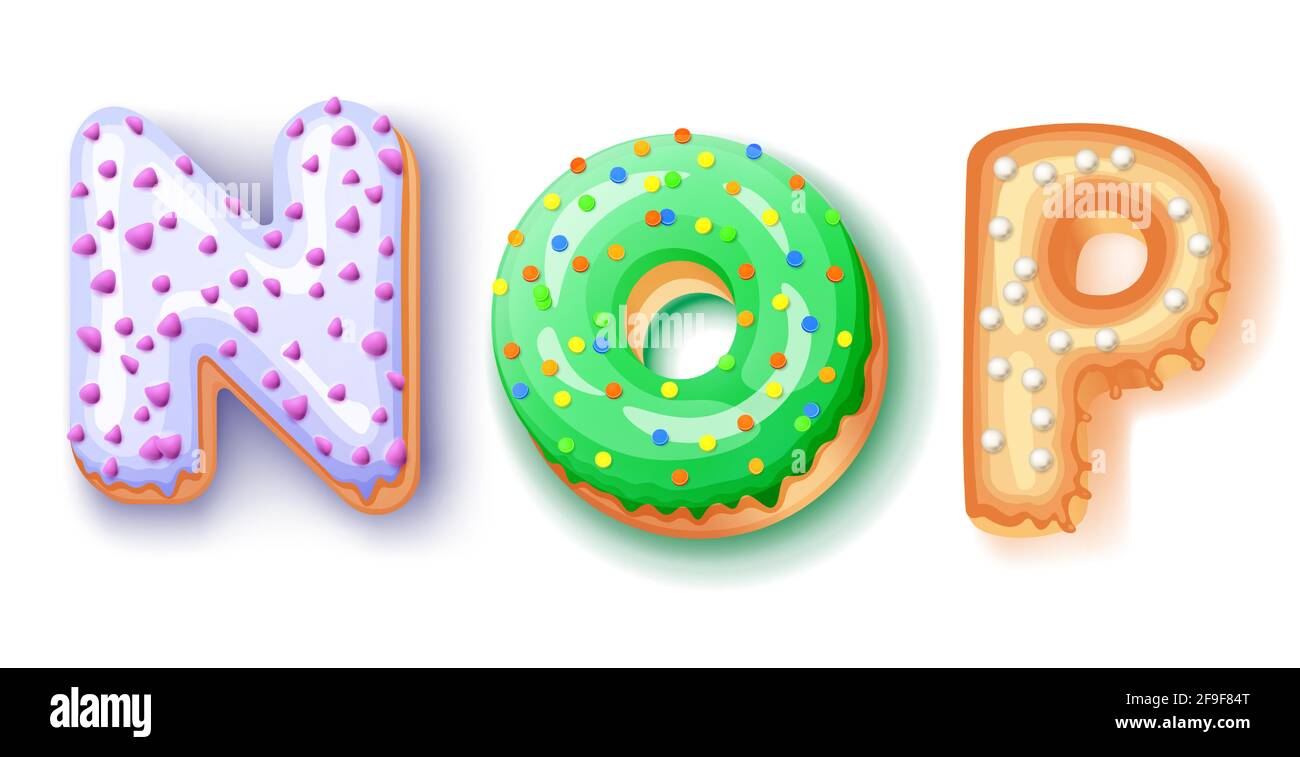 Donut Vereisung obere streut - nop Schriftart der Donuts. Bakery Sweet Alphabet. Donut-Alphabet Letzteres nop isoliert auf weißem Hintergrund, Vektordarstellung Stock Vektor