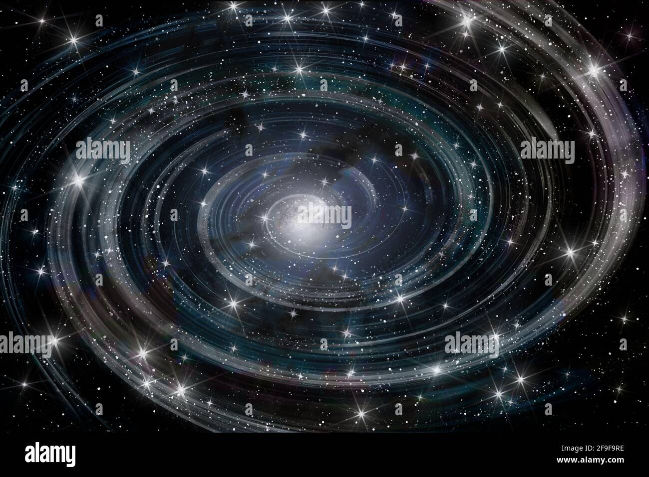 Abstrakter Raumhintergrund mit spiralig glühendem Nebel, Wolkenformationen und vielen verschiedenen Sternen im tiefen Raum Stockfoto