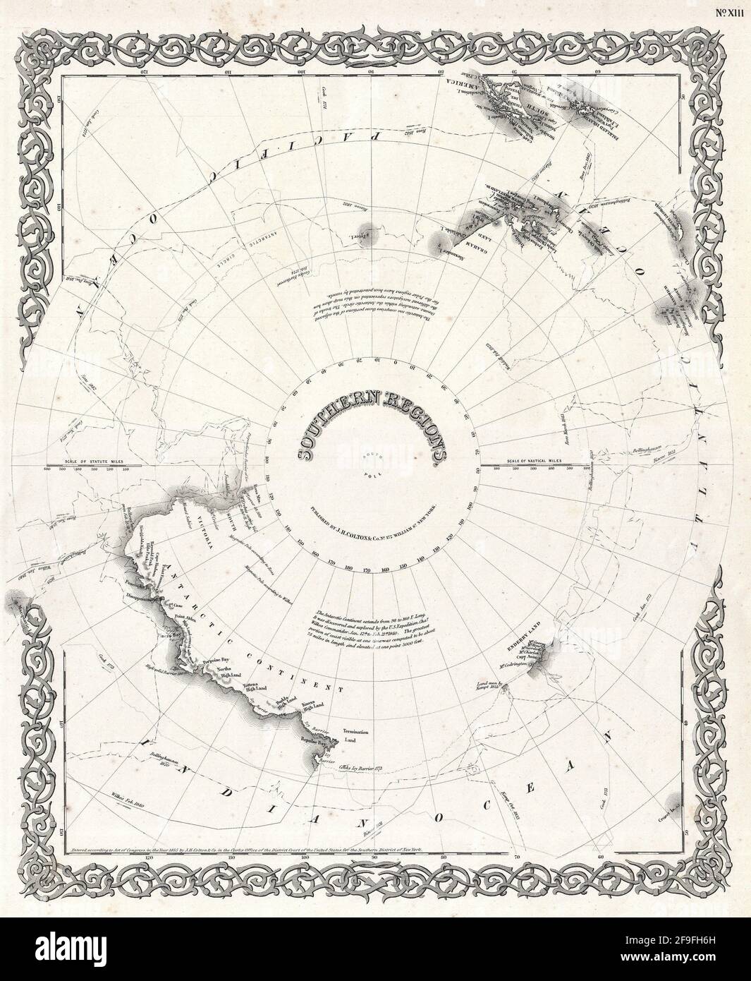 Wunderschöne, im Vintage-Stil gezeichnete Colton's Karte von South Pole aus dem Jahr 1860 mit wunderschönen, farbenfrohen Karten und Illustrationen von Ländern, Regionen und Ozeanen. Stockfoto