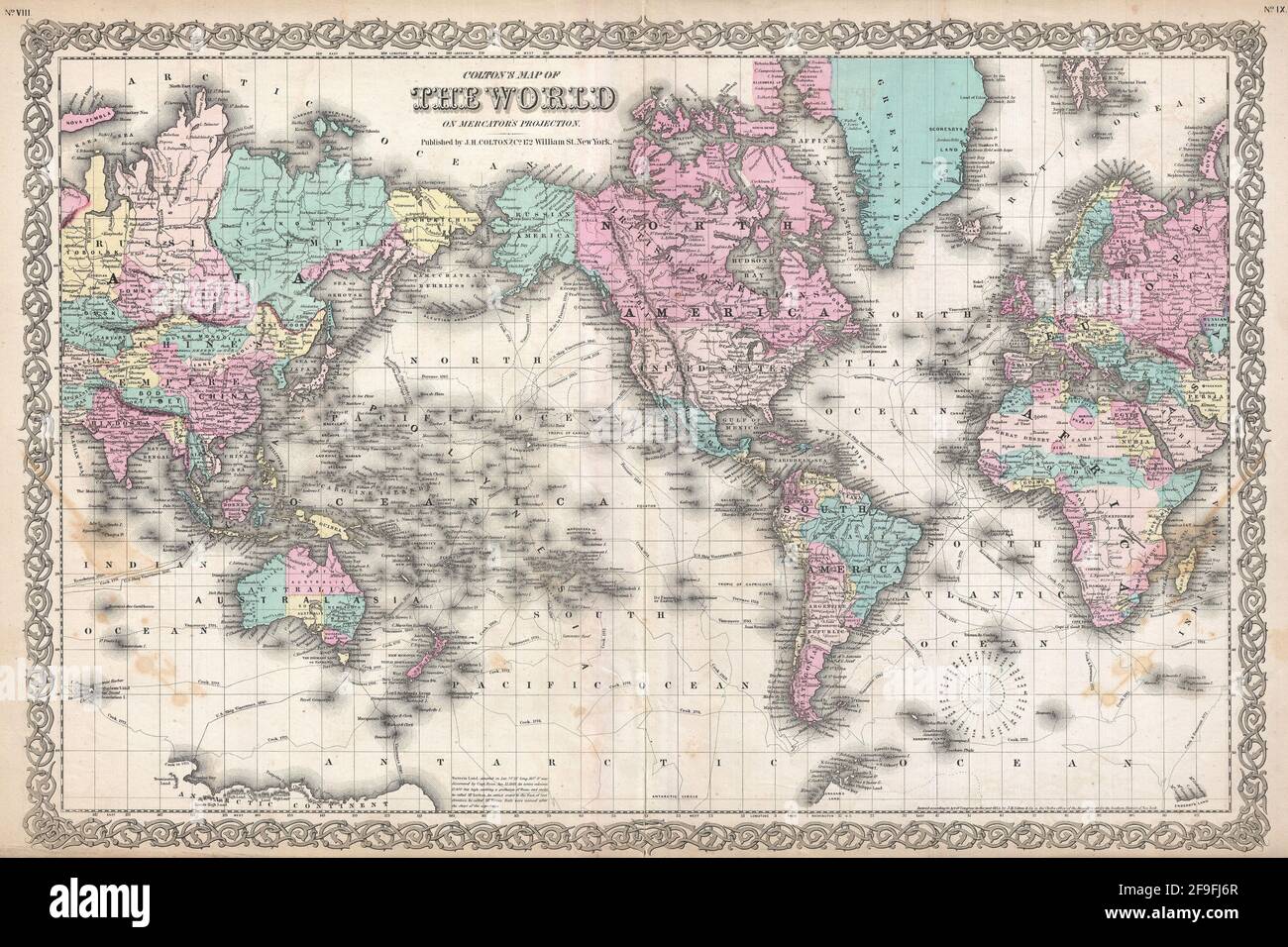 Wunderschöner, handgezeichneter Colton's Atlas of the World aus dem Jahr 1860 mit wunderschönen, farbenfrohen Karten und Illustrationen von Ländern, Regionen und Ozeanen. Stockfoto