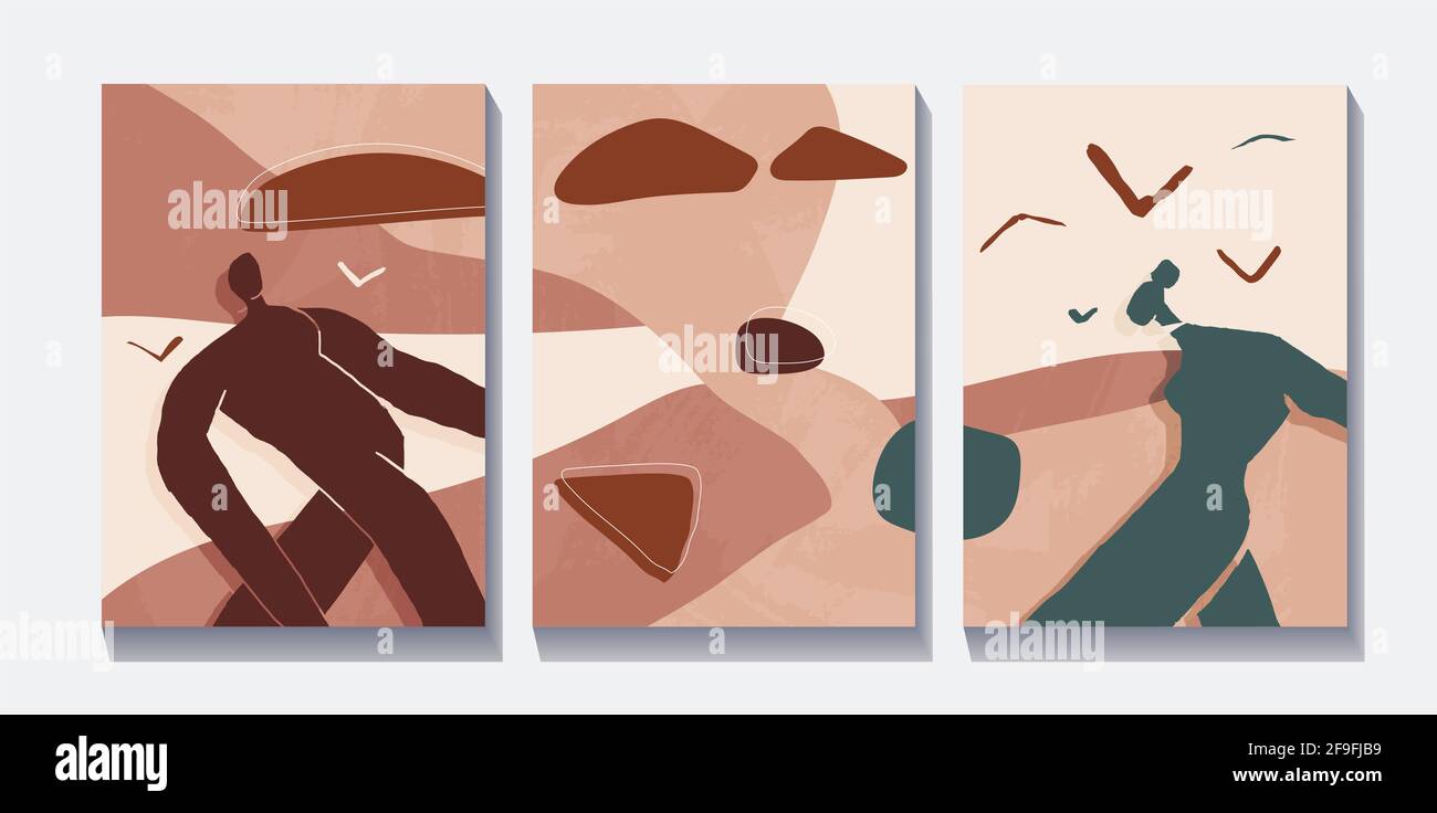 Boho-Triptychon-Druck. Zwei Menschen tanzen gemeinsam in der Landschaft. Handgezeichnete Illustration in Linienkunst, Ausschnitten und Boho-Stil mit Erdtönen. Zum Drucken Stockfoto