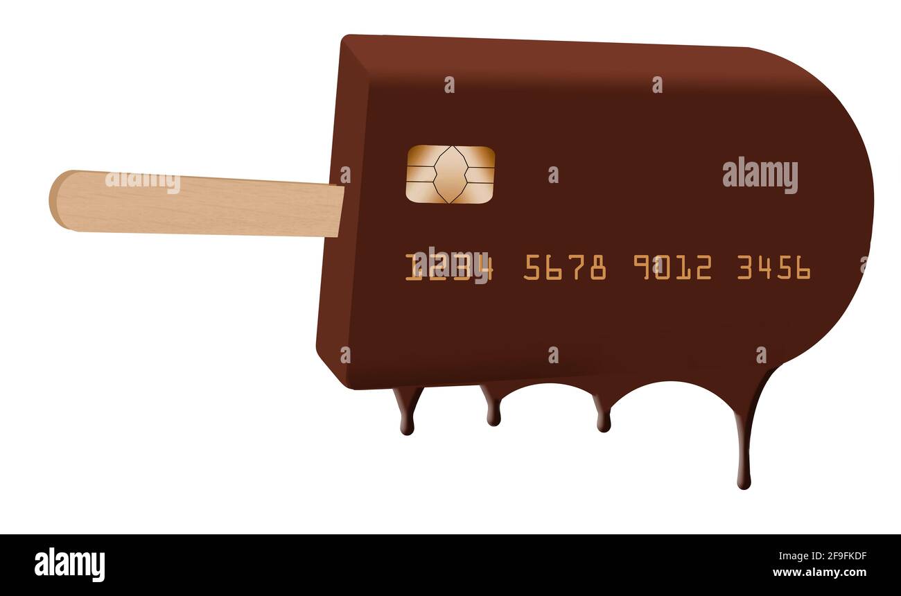 Eine Schokoladeneis-Bar auf einem Stock ist dekoriert In dieser 3-D-Abbildung wie eine Kreditkarte aussehen Über Kredit friert, um Ihre Kredit-Repo zu schützen Stockfoto