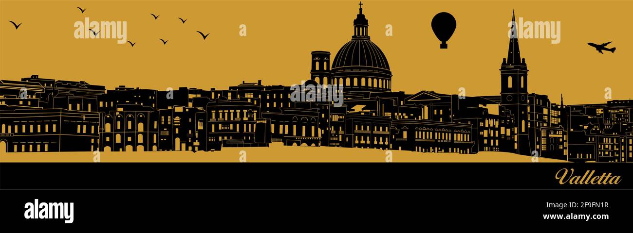 Vektor City Skyline Silhouette - Illustration, Stadt im goldenen Hintergrund, Valletta Malta Stock Vektor