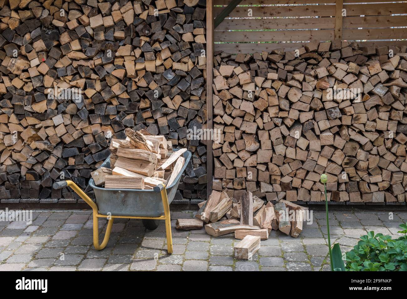 Stapel von Brennholz und eine Schubkarre mit Stücken von gestapelt Zu lagerendes Feuerholz Stockfoto