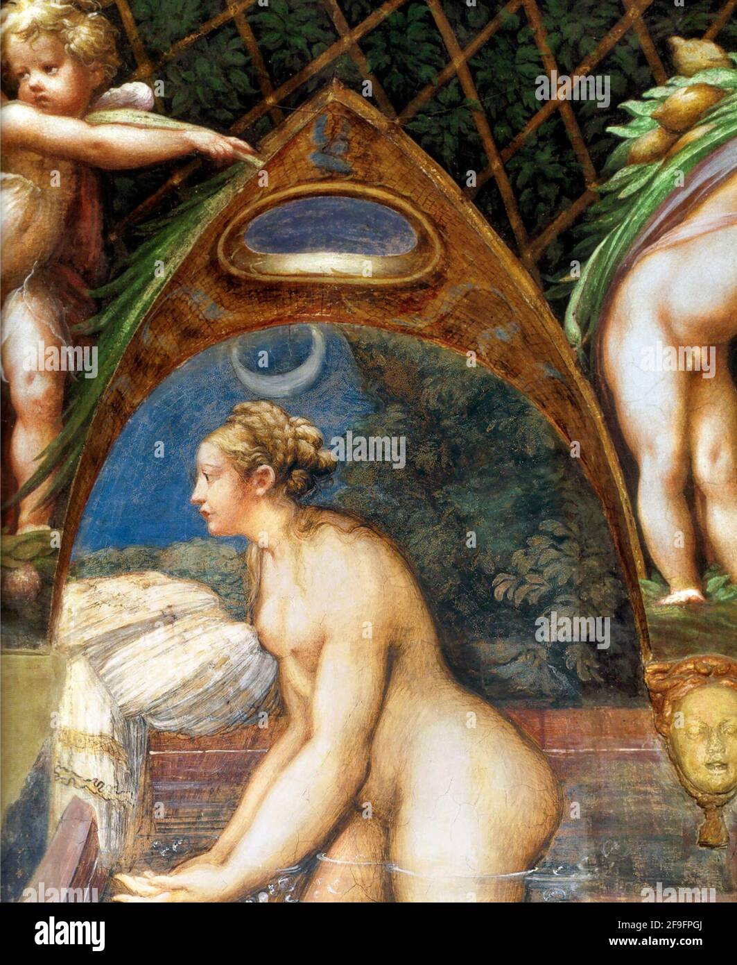 Parmigianino, Fontanellato. Detail des Freskens von Diana und Actaeon in der Rocca Sanvitale, Fontanellato des italienischen manieristischen Malers Girolamo Francesco Maria Mazzola (1503-1540). Das Detail zeigt die Göttin Diana. Stockfoto