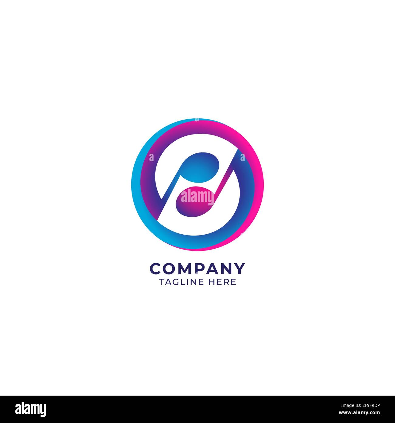 Kreisförmige Musiknote mit Buchstabe S auf negativem Raum. Yin Yang Logo Konzept. Pink magenta blau lila mehrfarbigen Verlauf. Farbenfrohe Vektorgrafik Stock Vektor