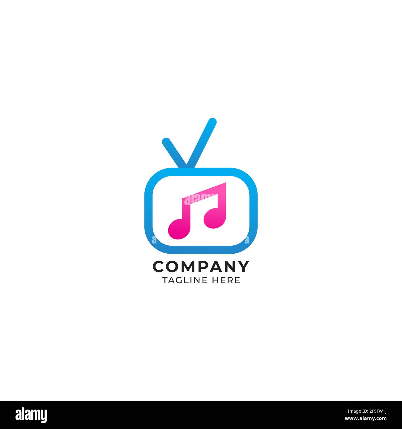 TV-Symbol mit gestrahlter Achtelnoten-Vektorgrafik. Music TV Channel Logo-Konzept isoliert auf weißem Hintergrund. Rosa und Blau Farbthema. Stock Vektor