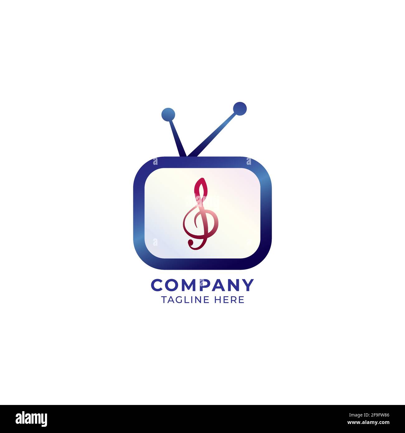 Fernsehen mit Höhenschlüssel Vektordarstellung. Logo für den glänzenden Musik-TV-Kanal auf weißem Hintergrund isoliert. Dunkelblaue und kastanienbraune Farbtöne Stock Vektor