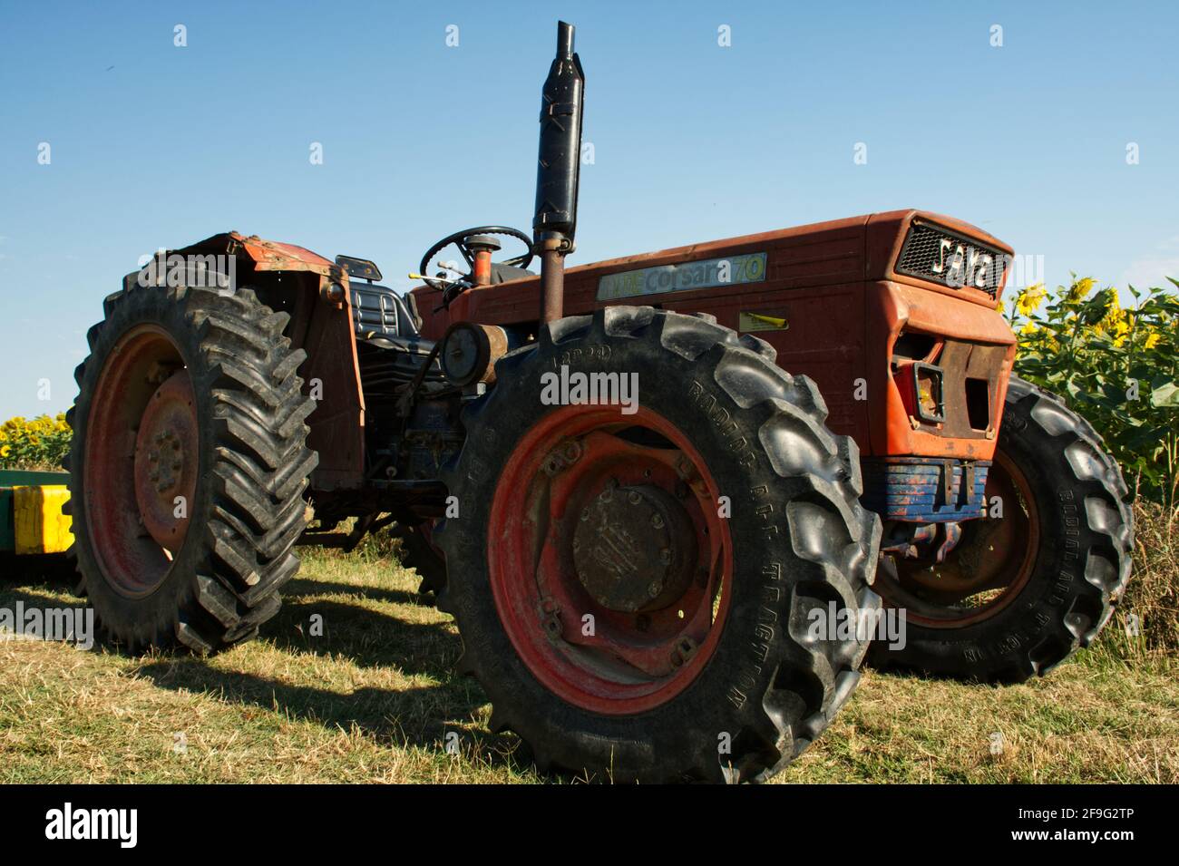 GLEICHER Traktor, offene Ausführung ohne Kabine. Alt und mit kaputten Lichtern umgeklopft. Stockfoto