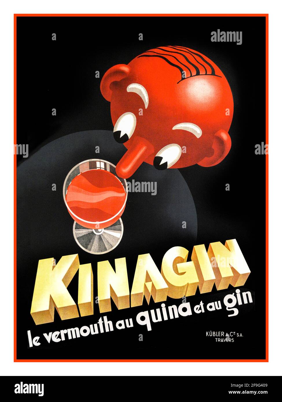 KINAGIN 1940 Swiss Art Deco-Stil Getränke-Poster mit Werbung für einen Cocktail-Likör aus Gin, Wermut und Chinin. „Kinagin le Vermouth au quina et au Gin“-Likör-Aperitif während des Zweiten Weltkriegs Kubler & Co Stockfoto