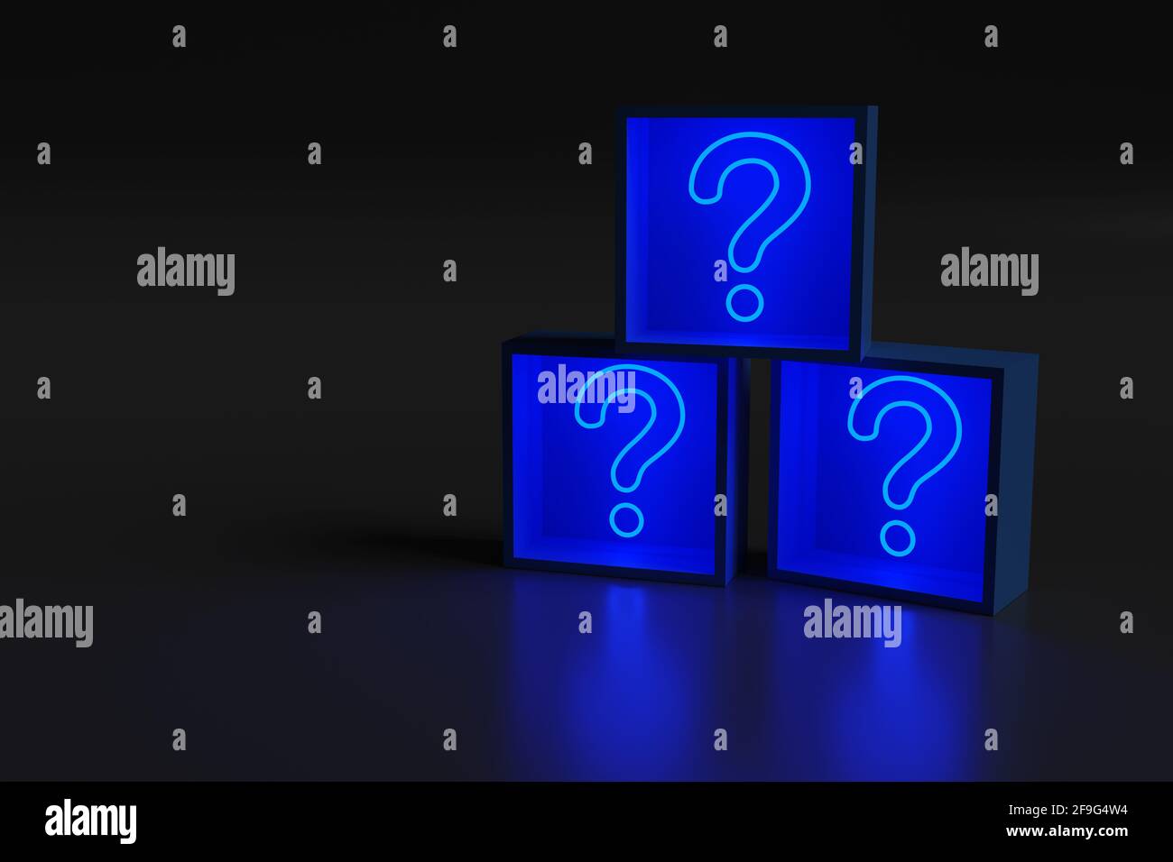 Blaues Neonlicht in Form eines Fragezeichens in Schachteln. 3d-Illustration. Stockfoto