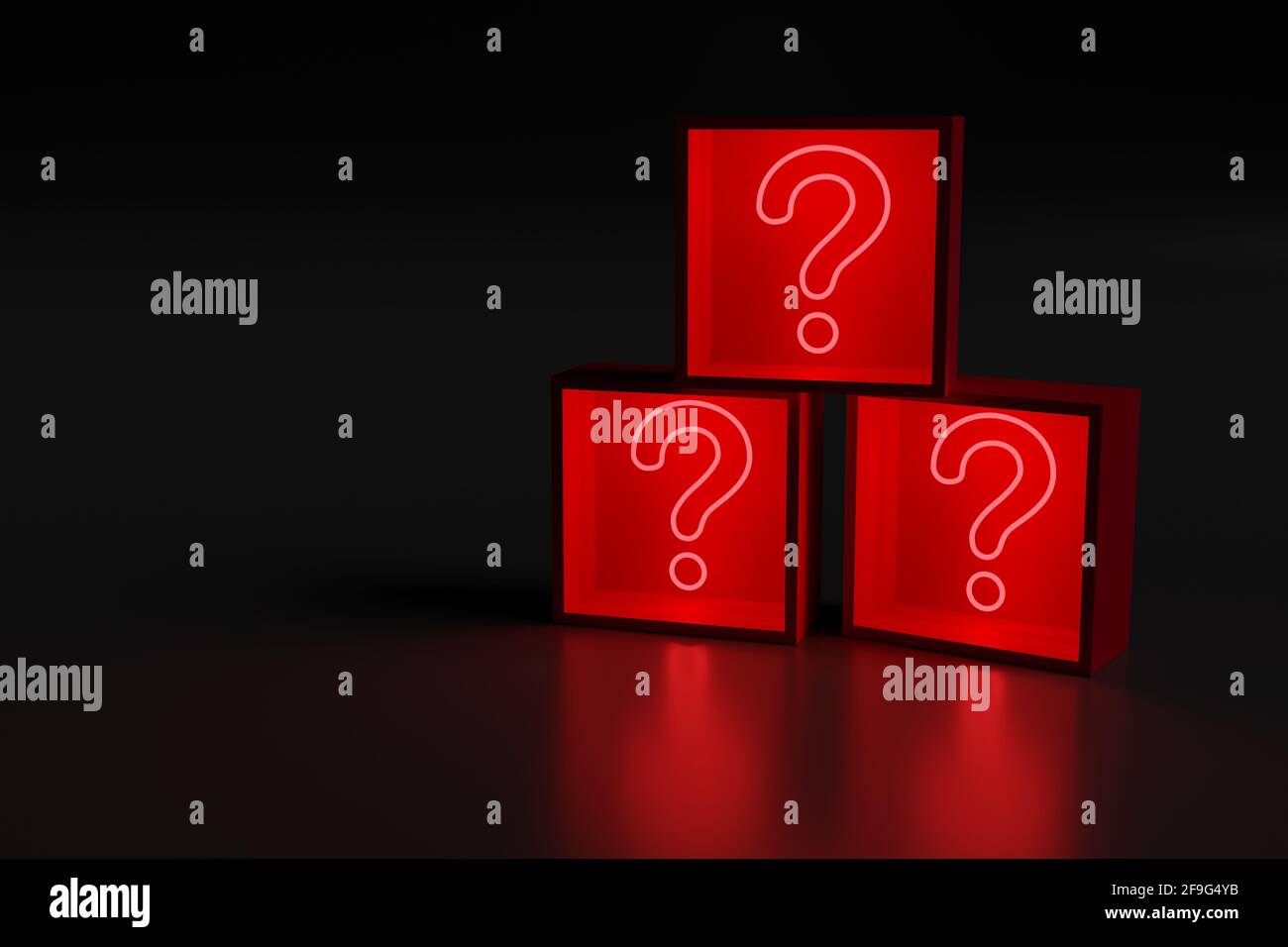 Rotes Neonlicht in Form eines Fragezeichens in Schachteln. 3d-Illustration. Stockfoto