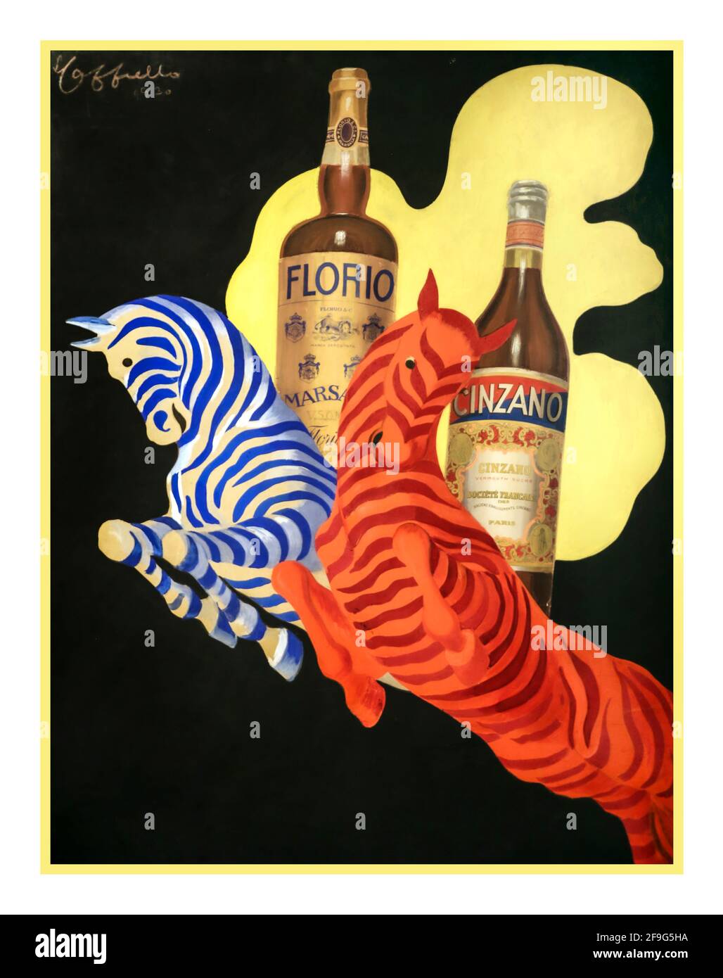 CINZANO FLORIO Vintage Italienische Aperitif-Getränke aus den 30er Jahren von Leonetto Cappiello der Flasche Florio und der Flasche Cinzano 1930 Italien Stockfoto
