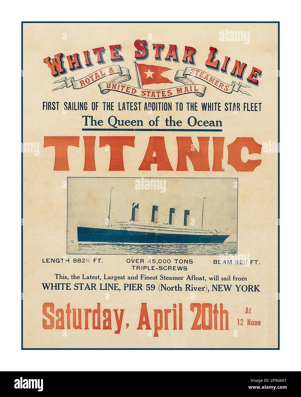 TITANIC Vintage 1900 Plakat, das die erste Titanic-Schifffahrt von New York am 20th 1912. April anzeigte RMS Titanic sank auf tragische Weise am 15th 1912. April auf der Strecke RMS Titanic war ein britisches Passagierschiff der White Star Line, das am 15. April 1912 im Nordatlantik versank. Nachdem sie während ihrer Jungfernfahrt von Southampton nach New York City einen Eisberg geschlagen hatte. 2F9G601 Stockfoto