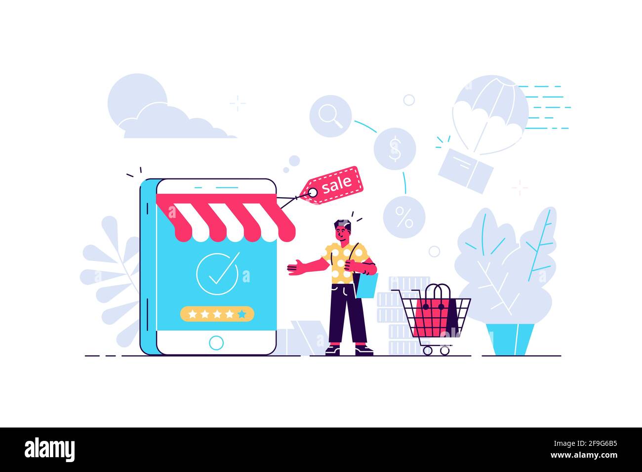 Vektor-Illustration von fröhlichen Mann mit Store-förmigen Smartphone und Warenkorb mit Tasche auf weißem Hintergrund. Einfache Online-Käufe während q Stock Vektor