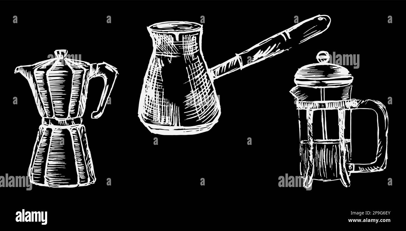 Satz handgezeichnetes Kochgeschirr auf der Tafel. Kaffeezubehör. Kaffee und Getränke. Silhouetten von Küchenutensilien. Vintage-Style. Vektorgrafiken Stock Vektor