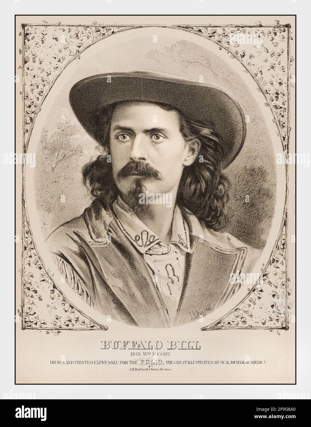 BUFFALO BILL Vintage 1860 Radierungsposter von Buffalo Bill William Frederick Cody. Bekannt als Buffalo Bill, ein amerikanischer Frontsmann und Showman Stockfoto