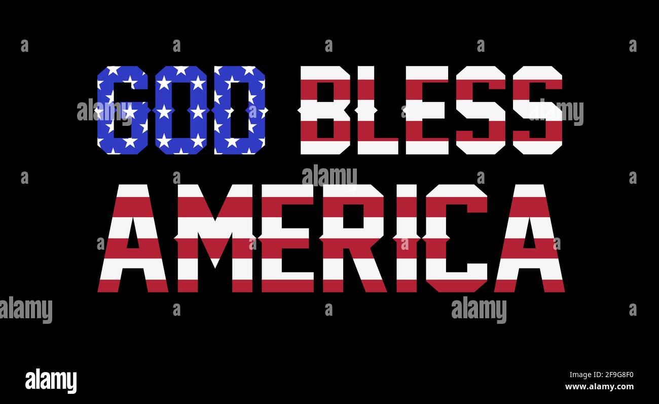 God Bless America Schriftzug mit amerikanischer Flagge. Flache Vektorgrafik isoliert auf schwarzem Hintergrund. Stock Vektor
