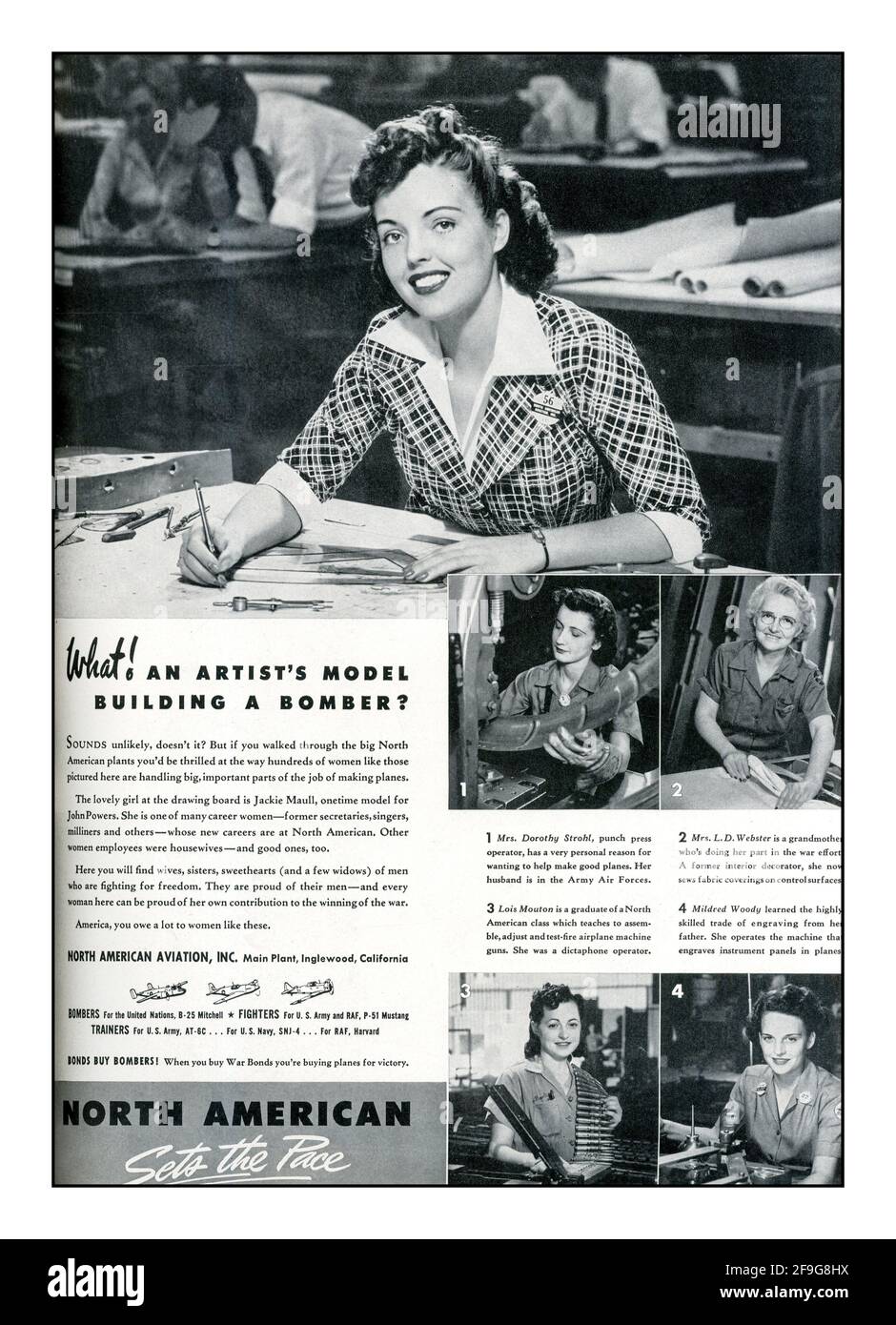 Vintage 1940er Jahre Kriegsarbeit Frauenpropaganda sexistische Presseartikel, die amerikanische Frauen und Kriegsbindungen in der Kriegsarbeit fördern. WAS! Ein Künstler modelliert einen Bomber?' North American Aviation Inc. Baut Bombers Fighters-Fittiners. Nordamerika bestimmt das Tempo Zweiten Weltkrieg Zweiten Weltkrieg Amerika USA Stockfoto